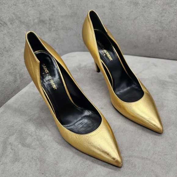 Saint Laurent Pumps 8.5 Golden Leather Stiletto Pointed Toe Luxury Made In Italy - Picture 3 of 16